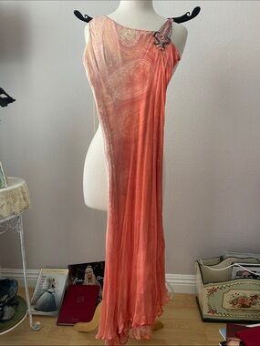 One-Shoulder Coral Paisley Evening Gown with Embellished Strap